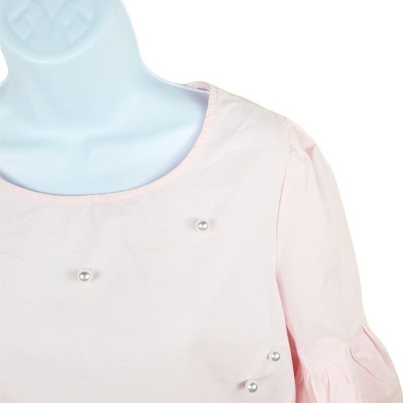iu womens bell sleeve  S Pink White  pearl top Ruffle - Picture 3 of 8